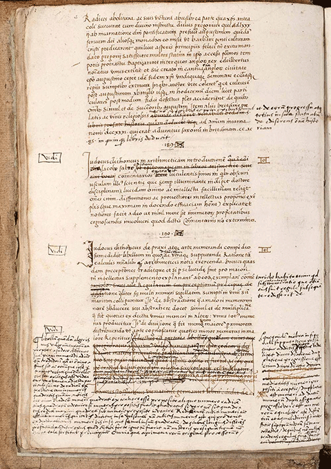 AM 377 fol., El libro de los epitomes, f. 14v, showing extensive revisions by Hernando Colón.